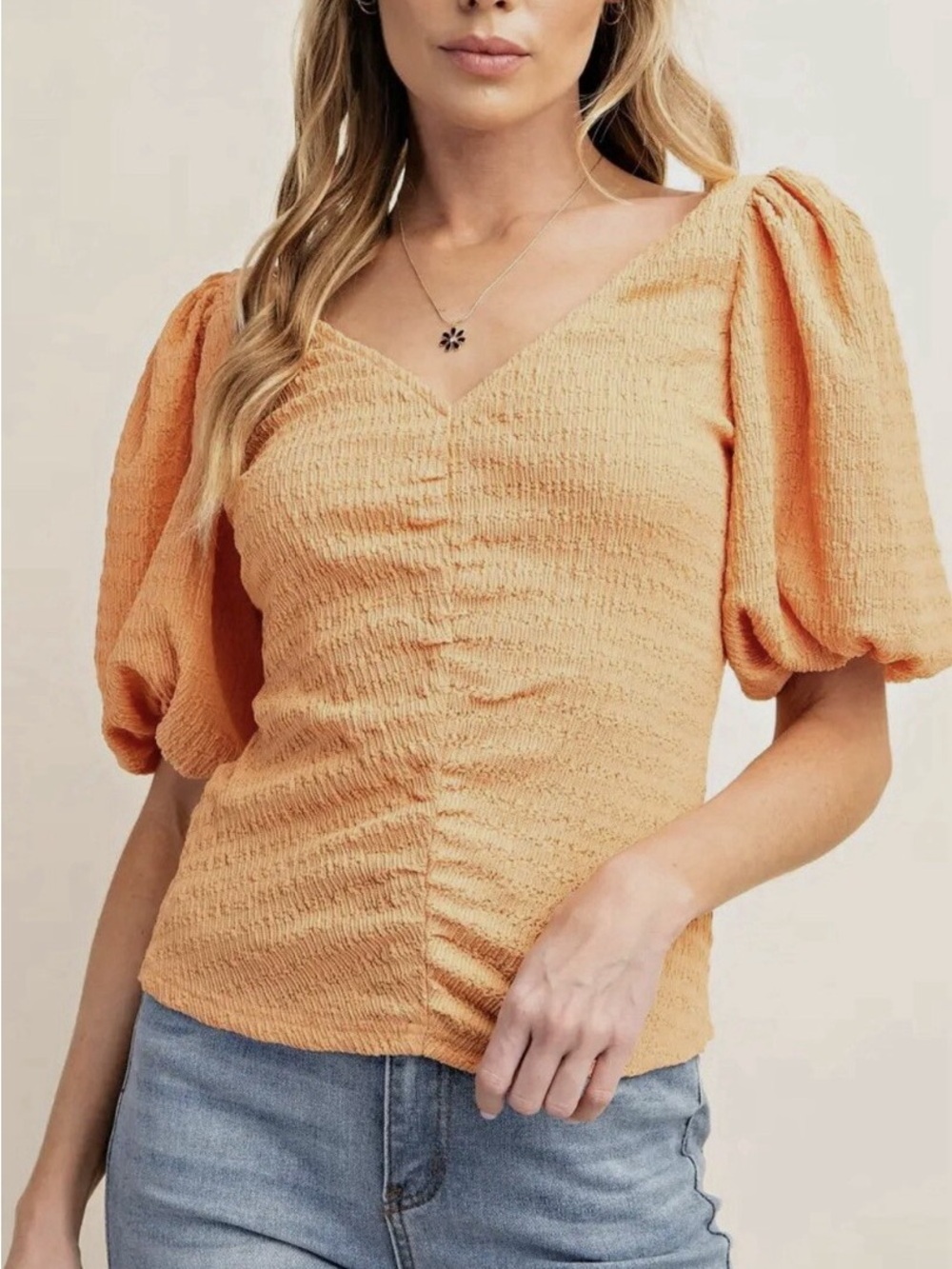 Kori Peach Puff Sleeve V-Neck Blouse